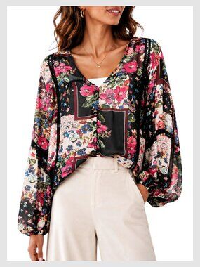 Johnny Was Multicolor Floral Patchwork V-Neck Blouse